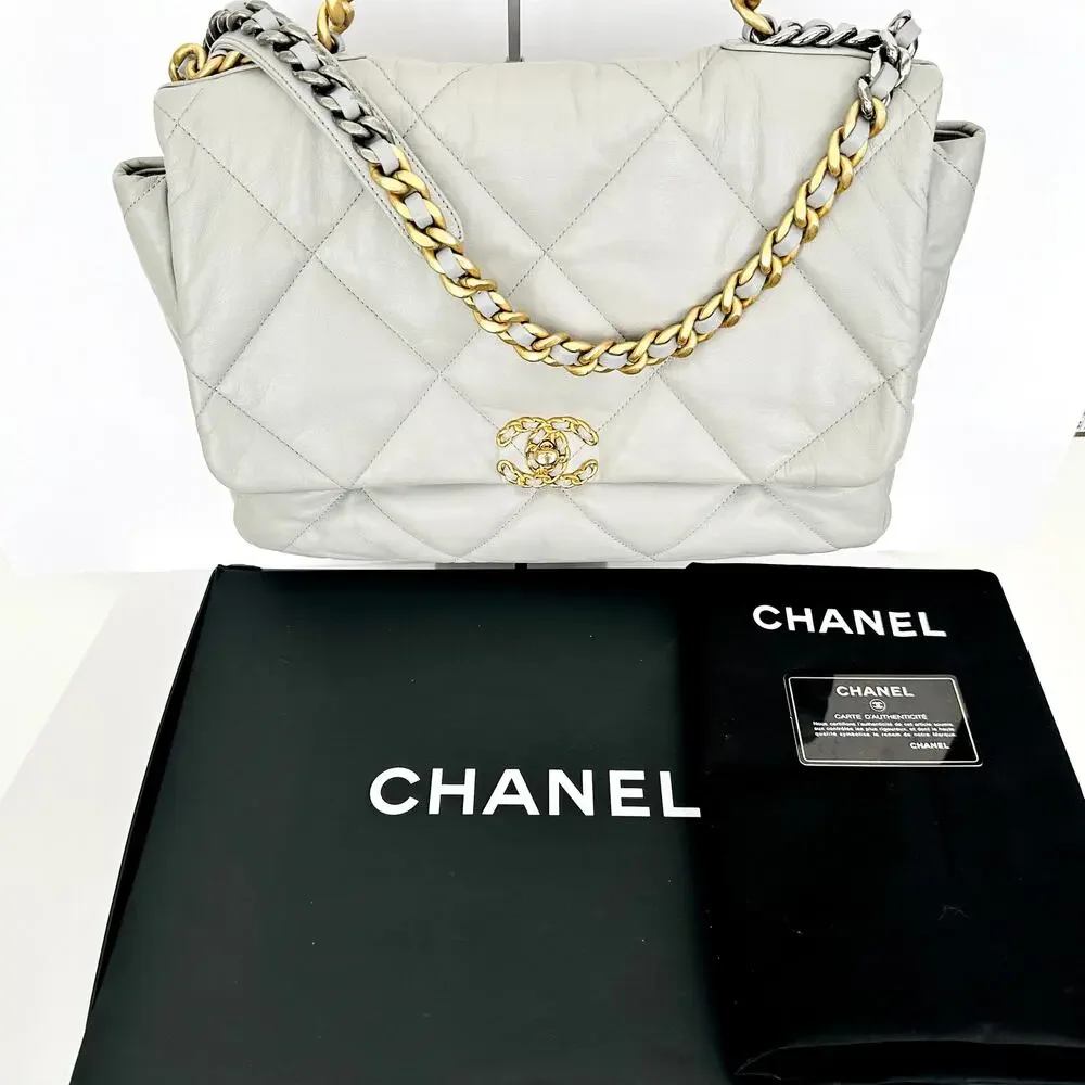Chanel 19 Goatskin Quilted Medium Flap Purse Grey Tri-Color Chain Full Set & Box